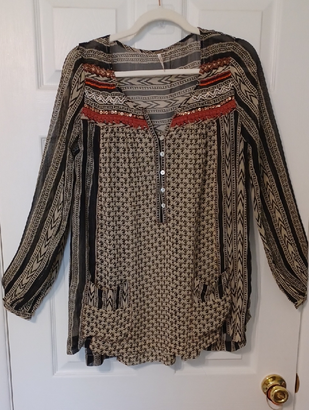 Free People Sz XS, Bohemian Print Long-Sleeve Tunic Top - Black & Cream
